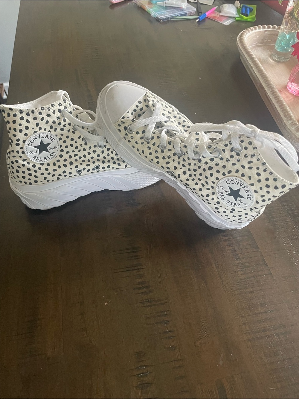 Converse Womens Platform High Top Sneakers in White with Black Spot Print